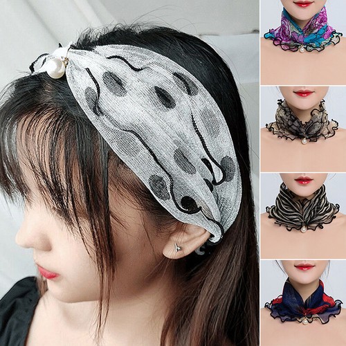 Neck Collar Print Scarf Ruffle Lace Scarf Pearl Pendant Scarves Bandana Headband - Picture 4 of 20