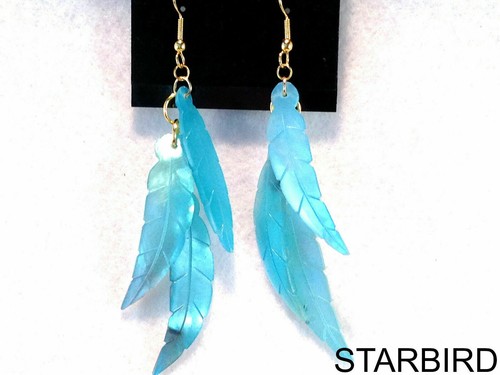 BLUE MOTHER OF PEARL PEARLESCENT SEASHELL DANGLE LEAF EARRINGS 80's VINTAGE - Picture 3 of 5