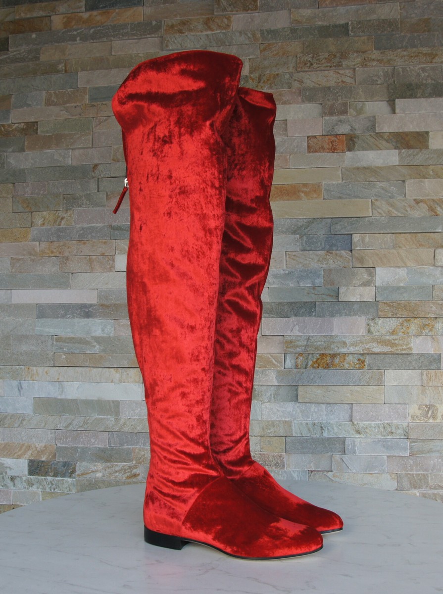 Alberta Ferretti 35,5 Stivali Overknees Scarpe Velluto Rosso