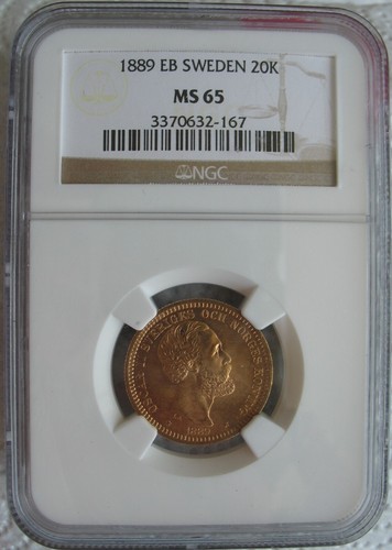 Sweden 1889-EB Gold 20 Kronor NGC MS-65