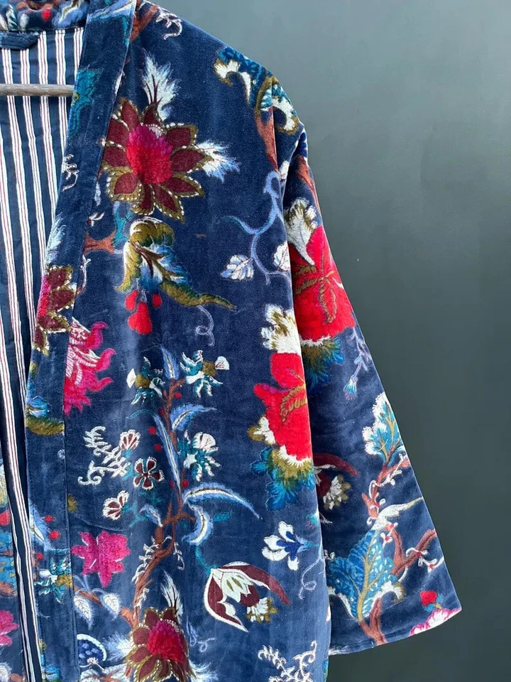 Abrigo Chaqueta Lujosa Terciopelo Flecos Kimono Plumero Estampado Floral Kimono Chaqueta Larga Foto 4 de 4