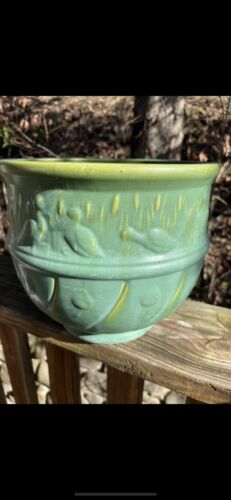 Antique art deco Green Art Pottery planter ducks catstails Pot mission style Era - Picture 2 of 6