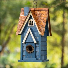 12" H Retro Blue Distressed Solid Wood Cottage Birdhouse Hanging Bird House f...