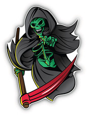Grim Reaper Skull Car Bumper Sticker Decal 4" x 5"