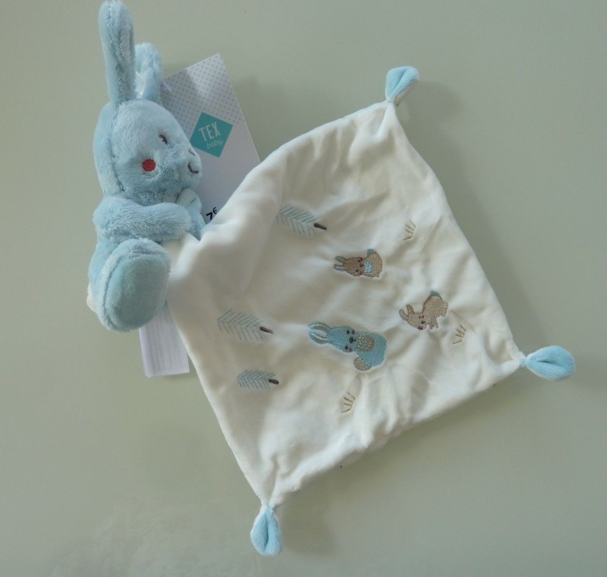 Doudou lapin bleu Tex Baby mouchoir blanc Plume naissance peluche i9