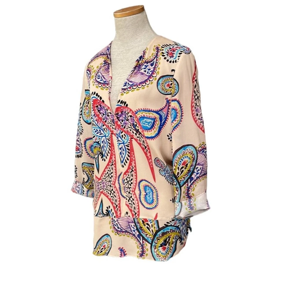 Rory Beca 束腰上衣衬衫女式 S 小号米色红色蓝色 V 领长袖丝绸 — 第 2/4 张图片