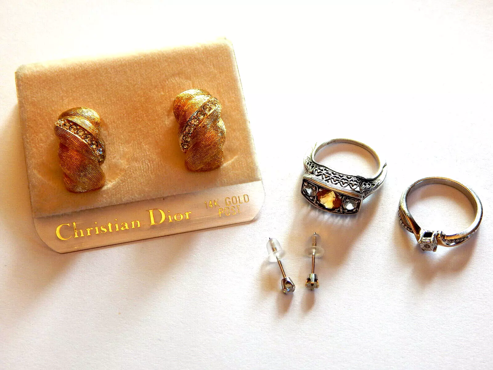 Lot bijoux vintage boucles d'oreilles Dior or 10 carats argent sterling 14 carats or blanc diamant