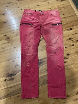 Red Denim Biker Slim Moto Pants 