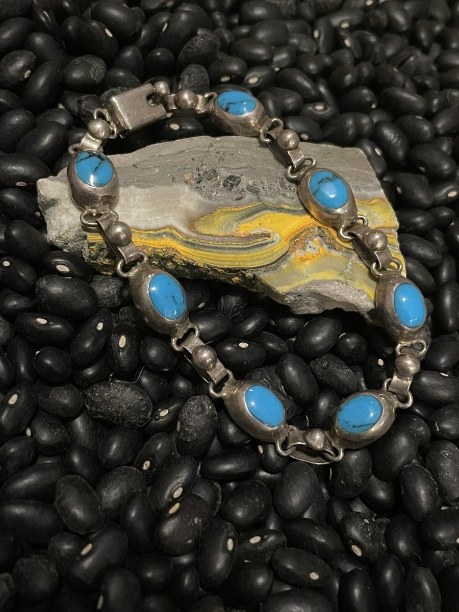 Vintage Mexico 925 Sterling Silver Blue Turquoise Heavy Oval Link