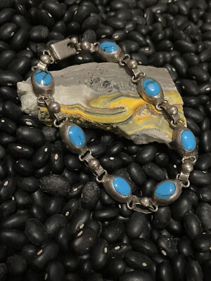 Vintage Mexico 925 Sterling Silver Blue Turquoise Heavy Oval Link