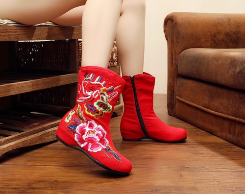 New Womens Casual Chinese Embroidered Folk Floral Cloth Boots Flat Shoes Zipper - Picture 4 of 14