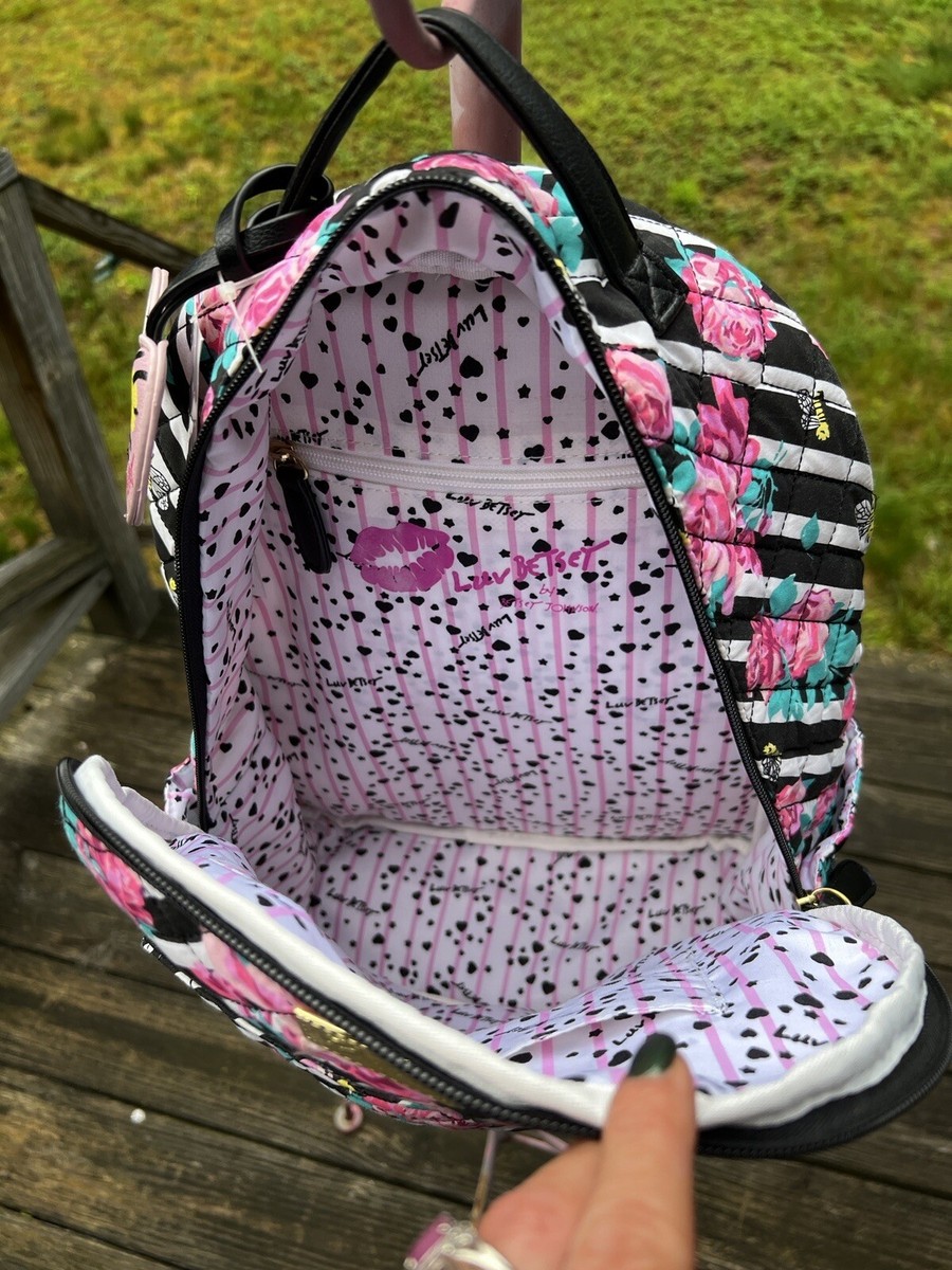 Betsey Johnson Quilted Stripped Roses Bees Backpack Travel 