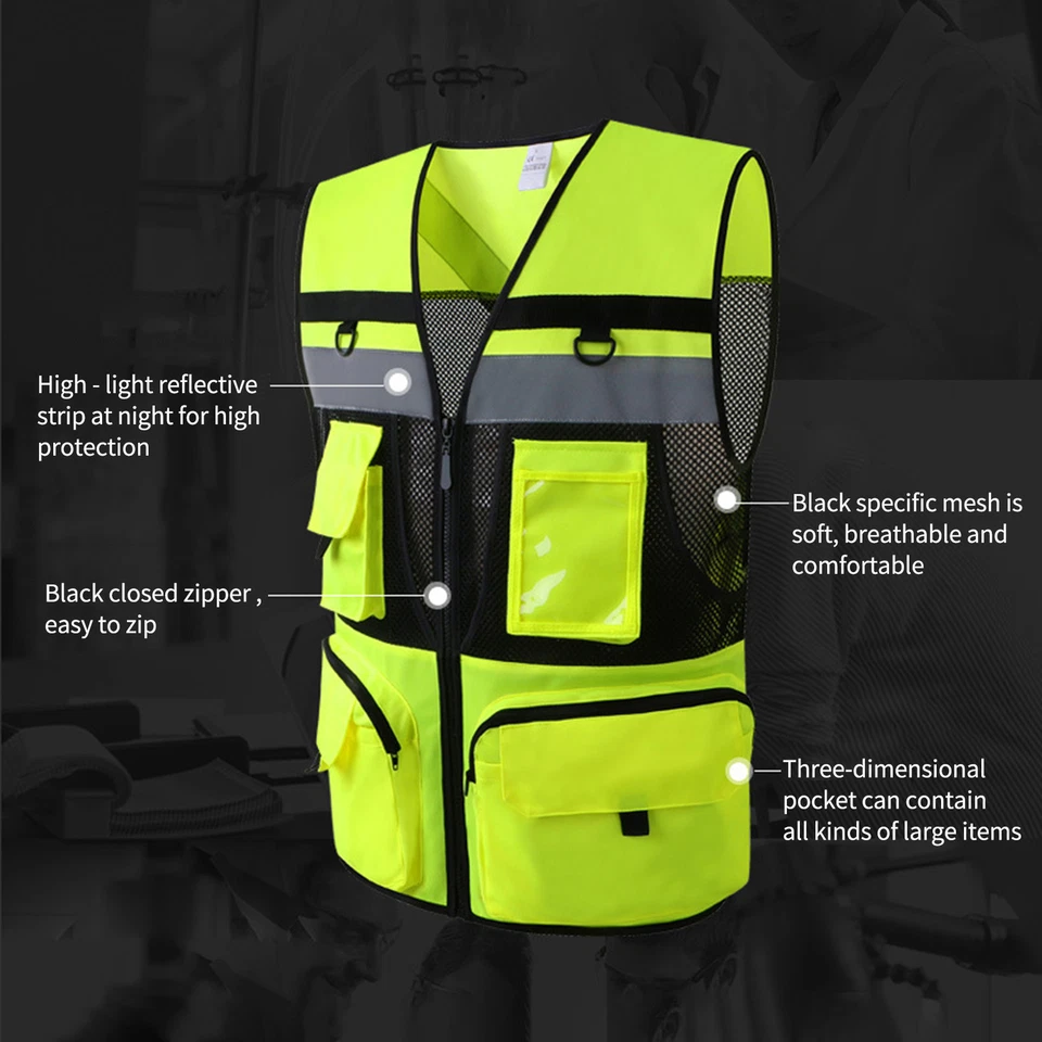 High Visibility Reflective Safety Vest Zip Pocket Waistcoats Mesh R9Y3 - Image 4 of 4