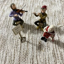 Christmas Resin SANTA and 2 ELF Musician Band Figurines Metal Music Stand