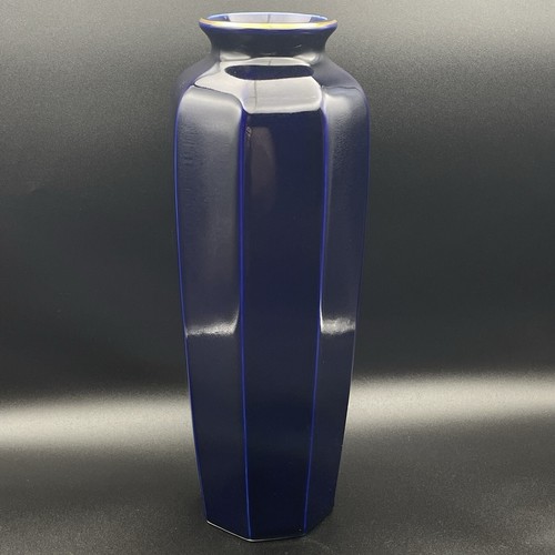 "Florero japonés Kutani azul oscuro pavo real floral detalles dorados mediados de siglo moderno 11""" - Imagen 7 de 8
