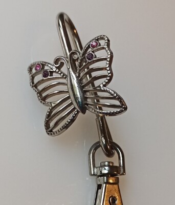 Butterfly Handbag Key Hook Silvertone Butterfly W Purple Stones