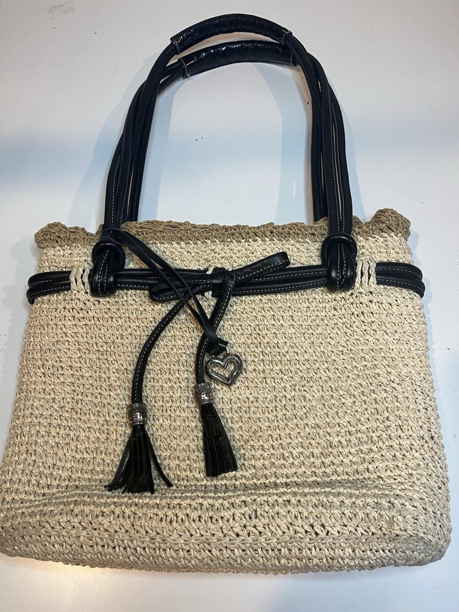 Brighton Woven Straw Shoulder Bag Tote With Black Leather Tassel Ruffle Trim