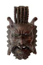 Ancien masque chinois en bois sculpté, tête de divinité asiatique