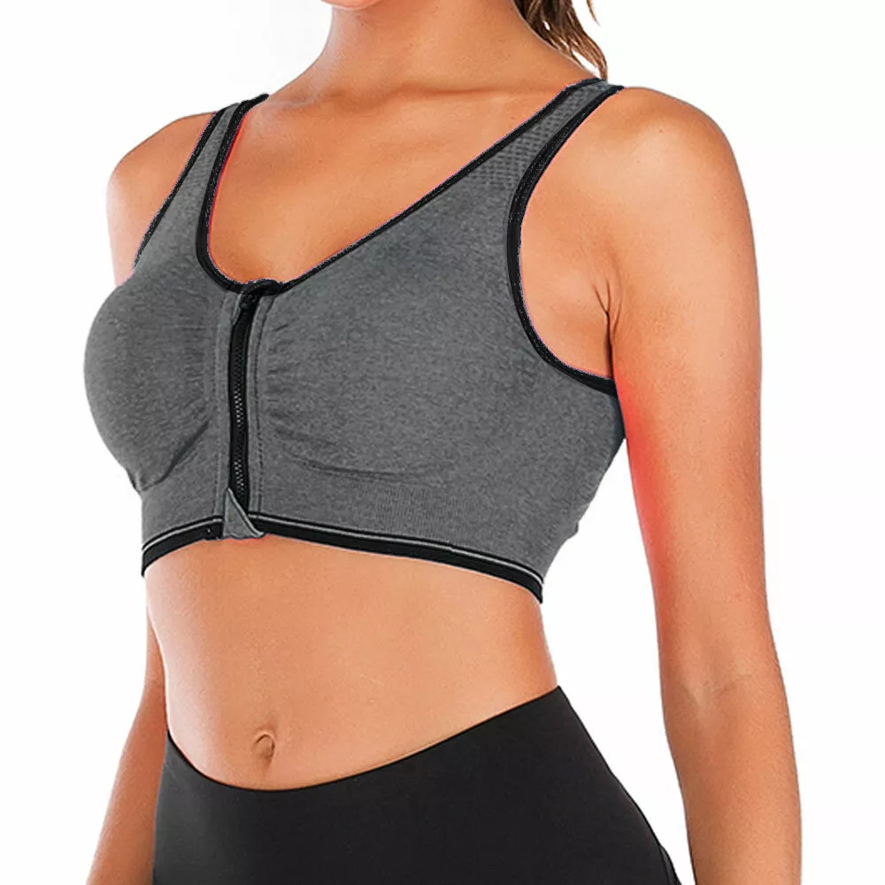 Women Wireless Padded Sports Bra Front Zip Yoga Cami Push Up Vest Support  Top