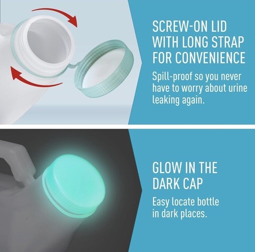 URINALS FOR MEN SPILL PROOF WITH GLOW IN THE DARK SCREW CAP (PACK OF 2) - Picture 3 of 6