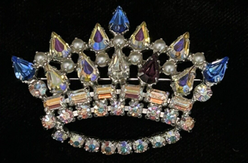 1960s Signed Vintage B. David Fruit Salad Rhinestone & Pearl Crown Brooch