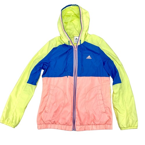 Retro Adidas Neon Yellow Blue Pink Windbreaker Jacket CLIMASTORM Women's Sz M - Picture 1 of 14