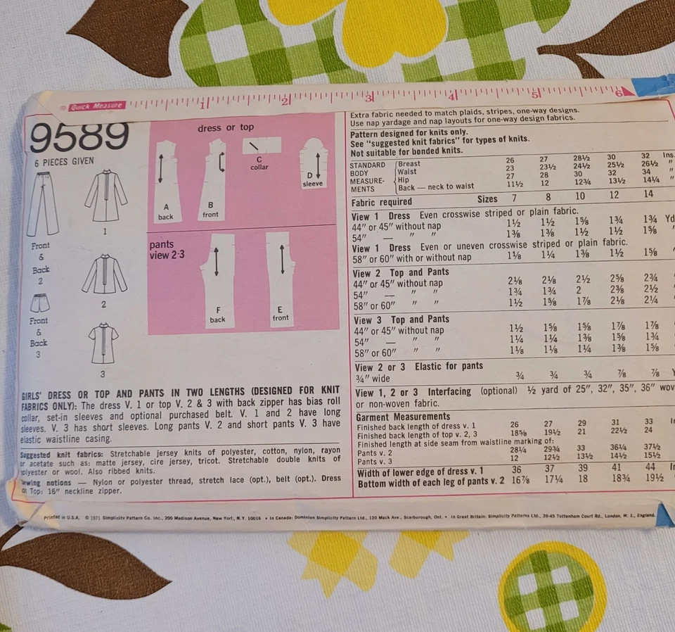 Vintage Sewing Pattern Mod 1970s 9589 SIMPLICITY  TOP DRESS & PANTS GIRLS Sz 10  - Image 3 of 3