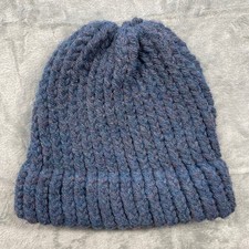 Handmade Chunky Knit Beanie Hat Blue Heathered Slouchy Winter Warm