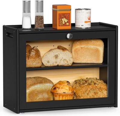 Bread Box Double Layer Bamboo Large Capacity Storage Transparent Door