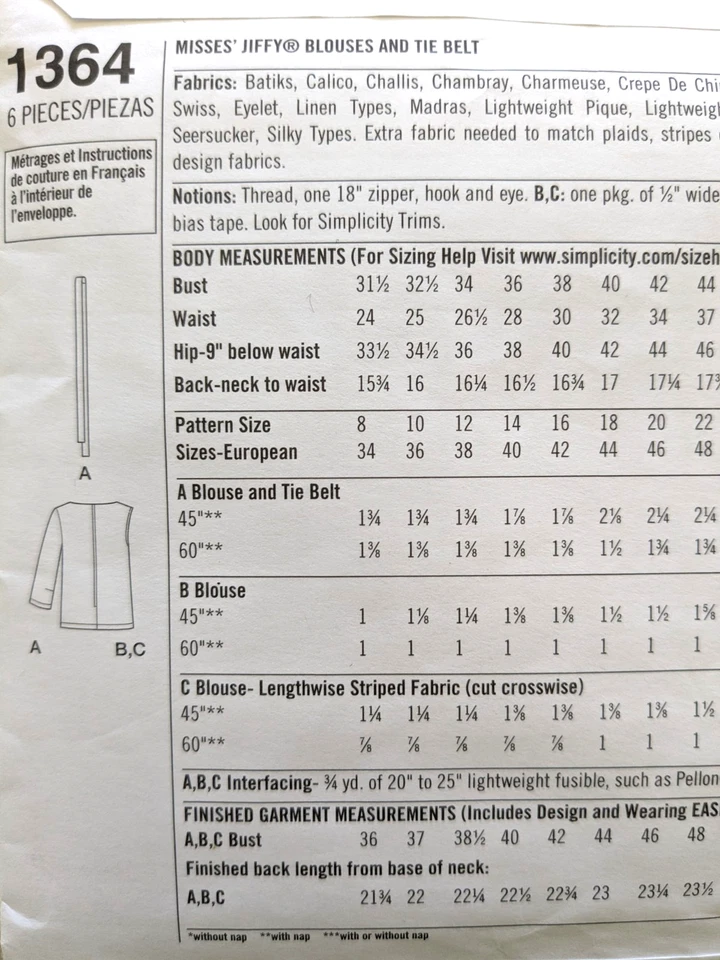 Simplicity 1364 VINTAGE STYLES Sewing Pattern Blouses/Tops/Tie Belt Szs 8-16 CUT - Image 3 of 3