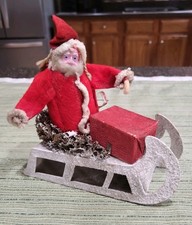 RARE Vtg. German 1940's Composition Santa On A White Mica Putz Sleigh W/Toy Bag