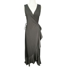 Banana Republic Black Wrap Maxi Dress Medium Sleeveless Ruffle Hem Travel Resort