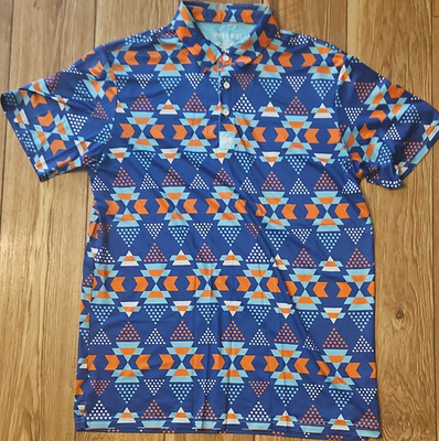 Pins & Aces Men's Large Geometric Blue Orange Golf Polo Shirt Short Sleeve