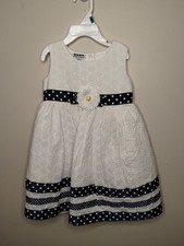 Blueberi Boulevard 24M Girls Dress White Navy Polka Dots Trim Daisy Bow NWT
