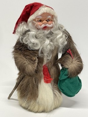 Finland Santa Claus Christmas Figure Handmade With Reindeer Fur & Stick 10.5 