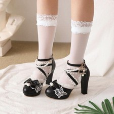 Womens Round Toe Block Heels Buckle Straps Lace Bowknot Pearl Decor Casual Shoes