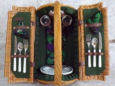 WICKER BARREL PICNIC TIME BASKET WITH PLATES UTENCILS CORKSCREW GLASSES FOR TWO
