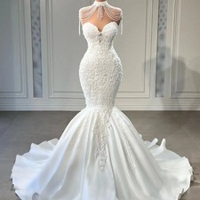 Tassel Sheer Neck Wedding Dress High Mermaid Sleeveless Lace Applique Bride Gown