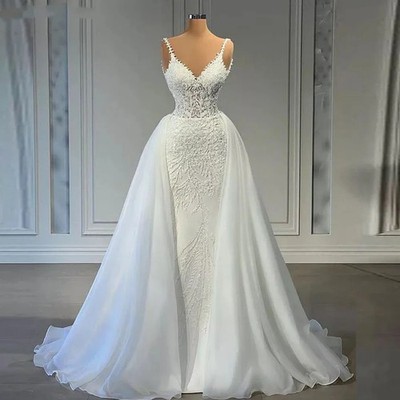 Customized V Neck Mermaid Lace Wedding Dresses Sleeveless Illusion Beaded Satin