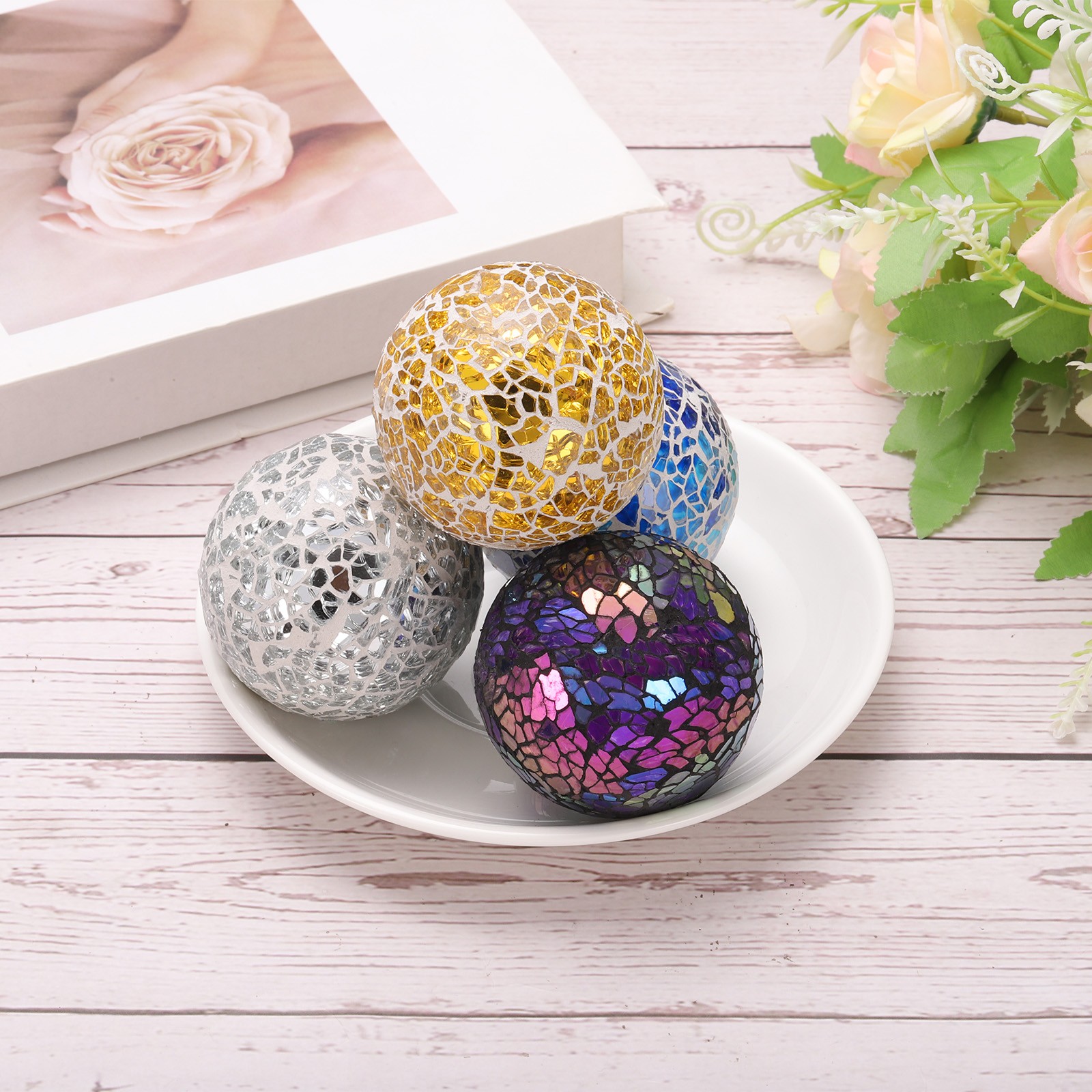 3Pcs Decorative Glass Balls 2.36 Inch, Silver Black, Gold Tone, Light Blue