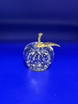 Vintage Silvestri Clear Bubble Glass Crystal Apple Paperweight Brass Stem & Leaf