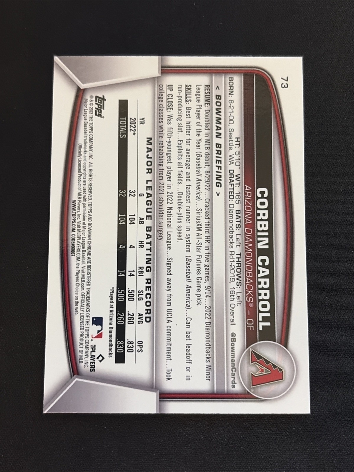 2023 Bowman Corbin Carroll #73 (RC) Mojo Mega Box Refractor view 2