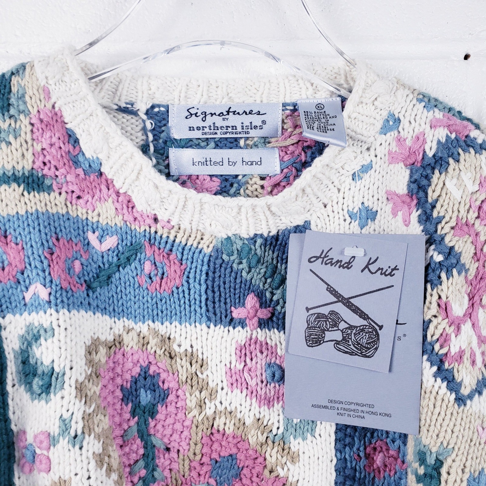 Signatures by Northern Isles Sweater Multicolor Patchwork Hand Knit Floral XL image 4