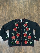 VTG Victoria Jones Christmas Button Up Sweater Cardigan Poinsettia Beaded M Ugly