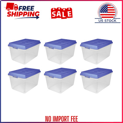 Hefty 72 Qt. Clear Plastic Storage Bin with Blue HI-RISE Lid, 6 Pack,Free ship