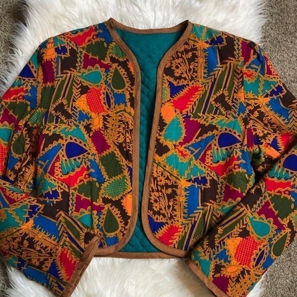 Abstract Patchwork Print Cropped Quilted Jacket R… - image 1