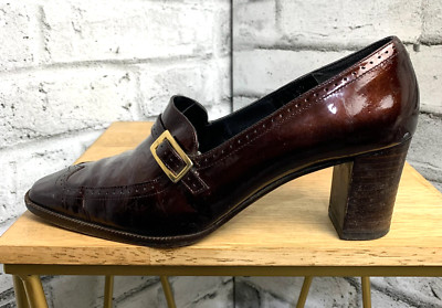 Vintage Loafers Women's 8 Brown Patent Leather Single Monk Strap Block Heel 90s