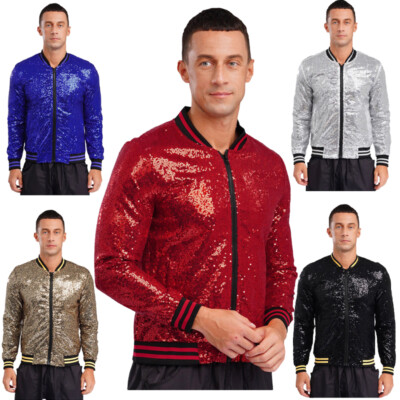 Herren Pailletten Bomberjacke Langarm Varsity Baseball Jacke Oberbekleidung Party