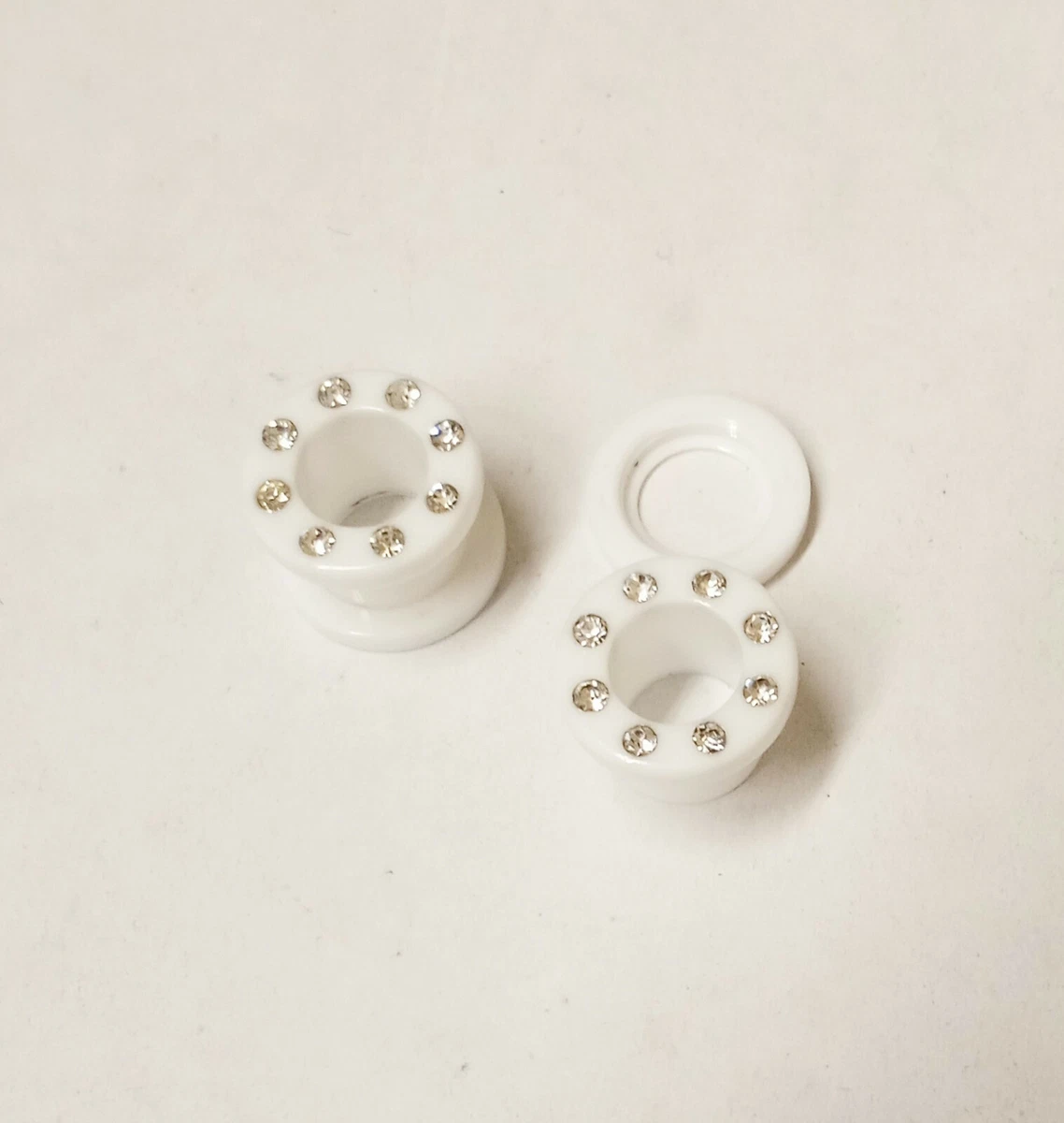 PAIR White w Clear Gem Acrylic Screw On Ear Tunnels 10mm 00 Gauge