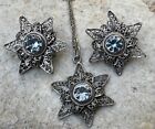 Antique Vintage Jewelry Set Flower Earrings Blue Glass Stones Filigree Victorian